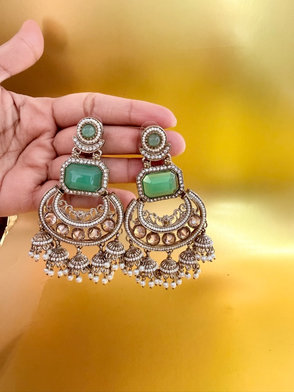 Green Stone Gold-Tone Chandbali Earrings